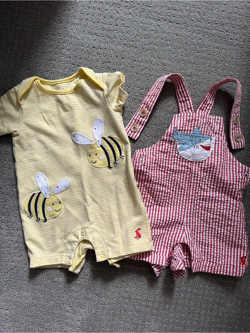 Joules Yellow Bee Stripe Short Romper & Red Seersucker Shark Overalls Set